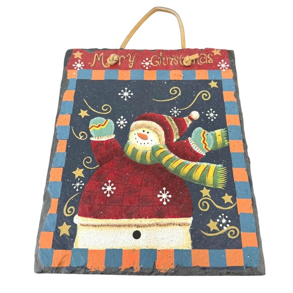 Snowman Slate Wall Hanging Merry Christmas Holiday Art Leather Strap 7.5" x 9.5" - Picture 3 of 11